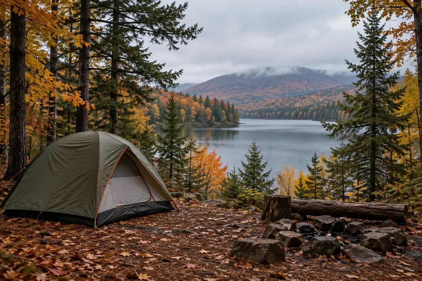 Illustration of a tent site surrounded by autumn foliage