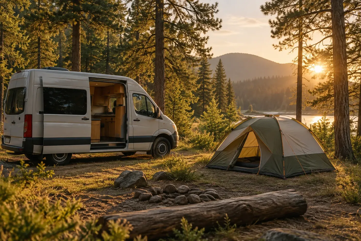 Illustration of a camper van parked beside a tent