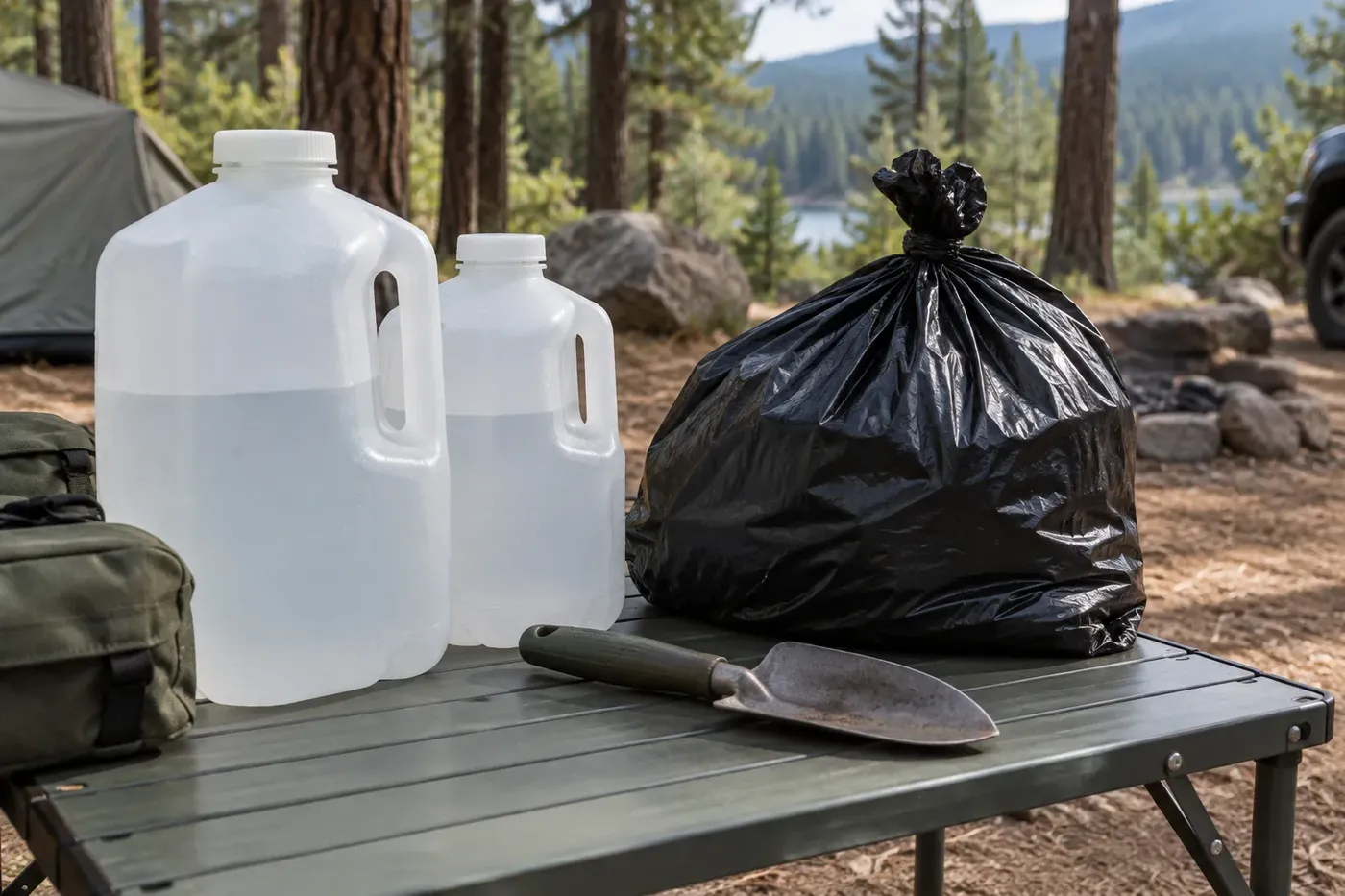 Illustration of water jugs, a trowel, and a trash bag arranged for camp