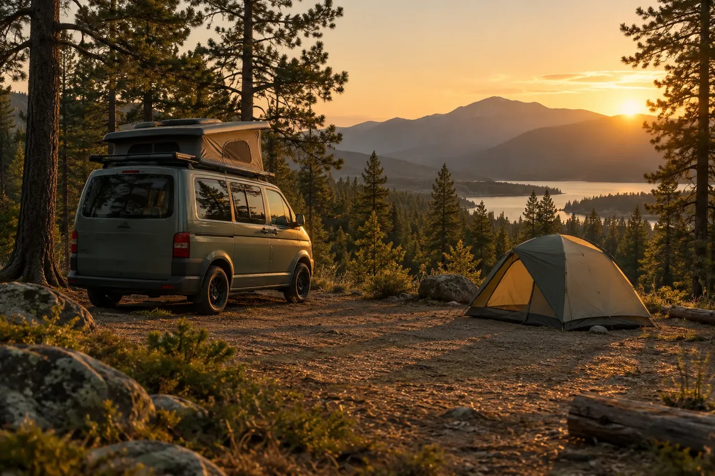 Illustration of a van and tent set up in a forest clearing