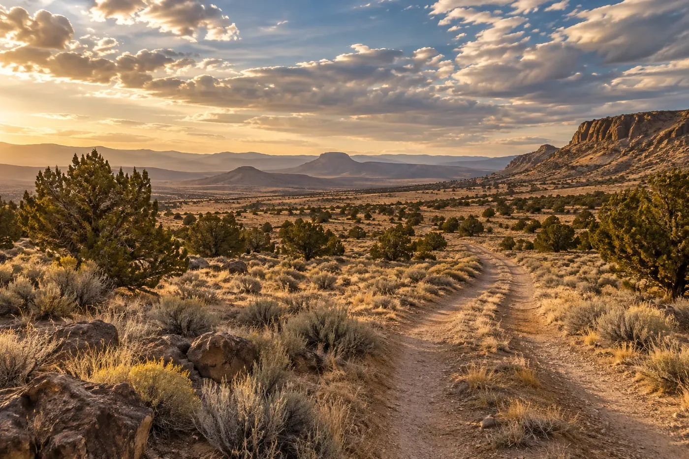 Illustration of open high-desert public land with a dirt two-track road