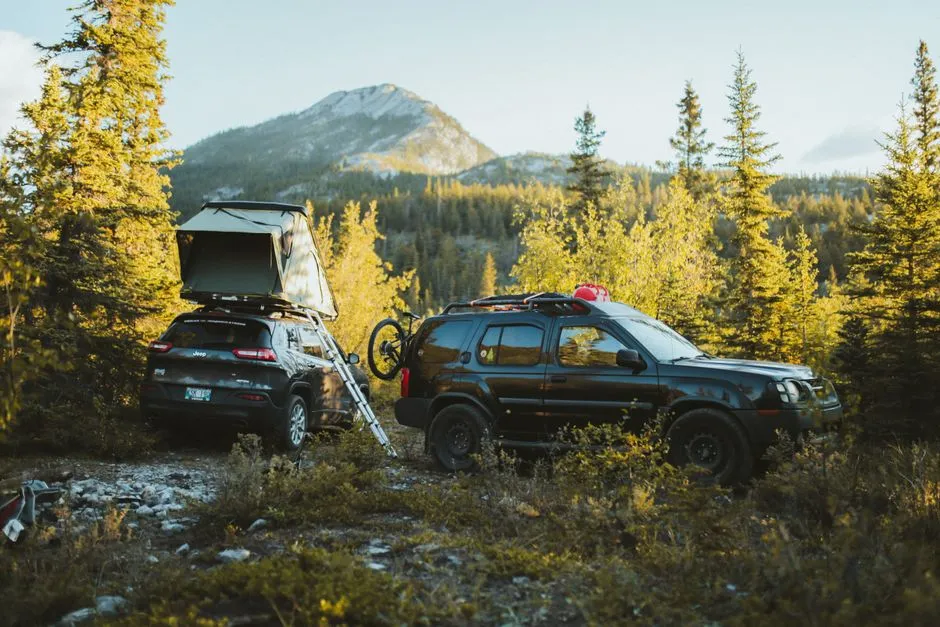 Two vehicles with a rooftop tent set up at a dispersed forest clearing