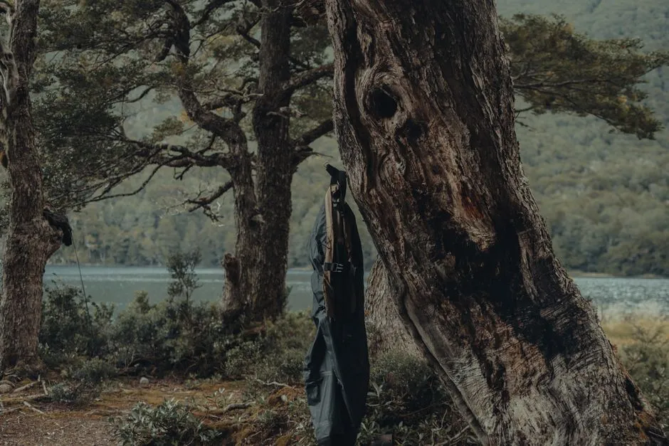 Backpack hung from a tree branch away from the ground at a forest campsite